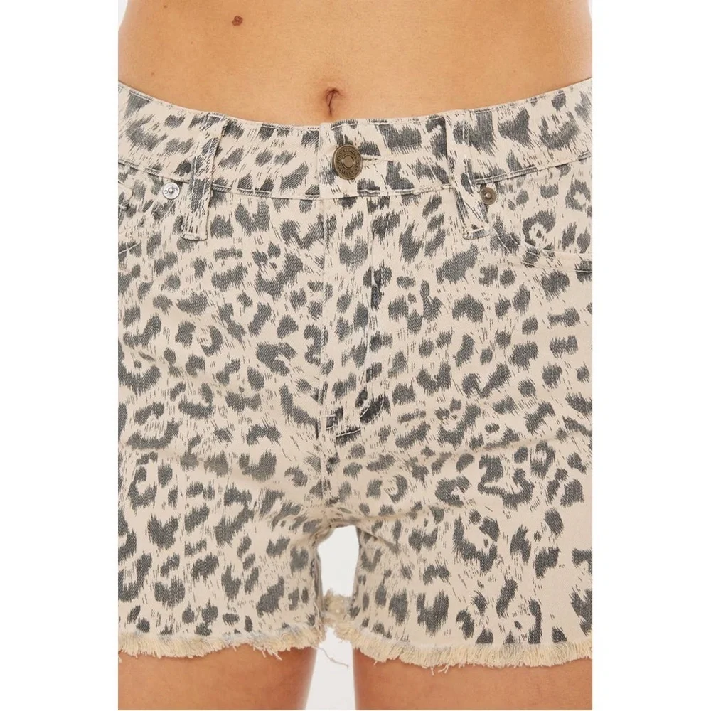 Kan Can Leopard Print High Rise Denim Shorts